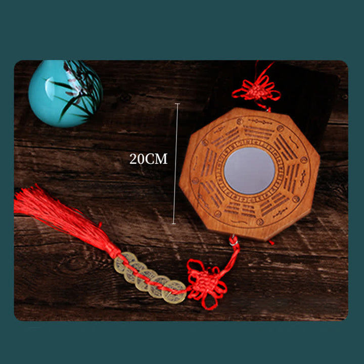 Carte Feng Shui Bagua Pièces de monnaie des cinq empereurs en bois de pêche Nœud chinois Carte énergétique d'équilibre Miroir