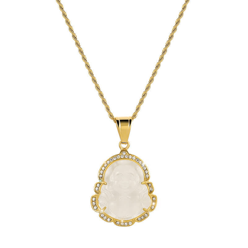 Collier avec pendentif porte-bonheur en jade Bouddha rieur rempli d'or 18 carats de Buddha Stones - Blanc - image 7