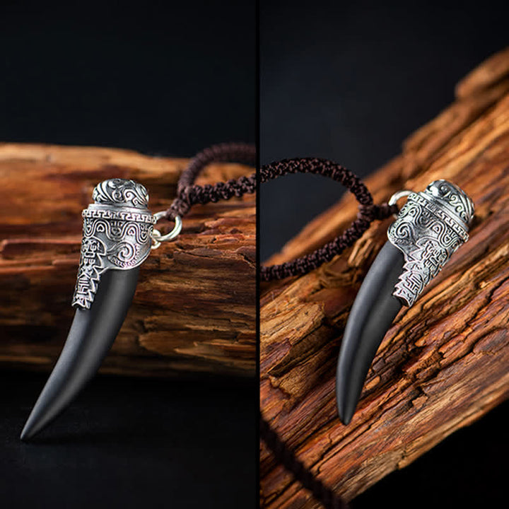 Collier pendentif en argent sterling 925 avec motif de dent de loup en obsidienne noire