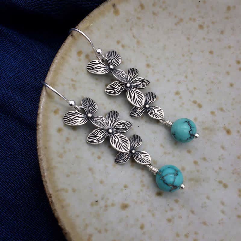 Boucles d'oreilles pendantes en argent sterling 925 avec Buddha Stones , turquoise, lazurite et lapis-lazuli, motif fleur et feuille, symbole de sérénité et de protection. - image 6