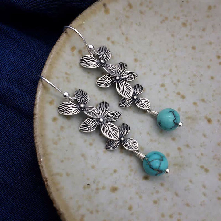 Boucles d'oreilles pendantes en argent sterling 925 avec Buddha Stones , turquoise, lazurite et lapis-lazuli, motif fleur et feuille, symbole de sérénité et de protection. - image 6
