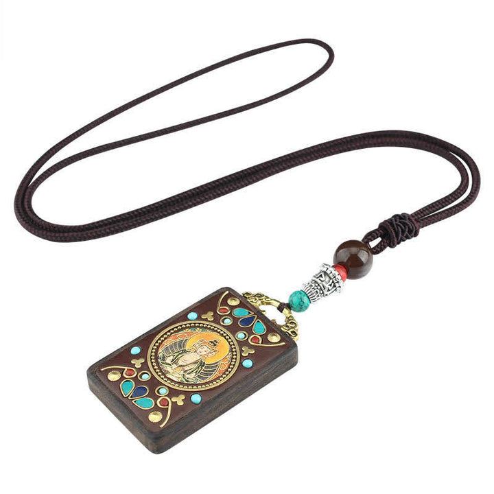 Collier pendentif en ébène Thangka Buddha Stones Tibet Dieu de la richesse