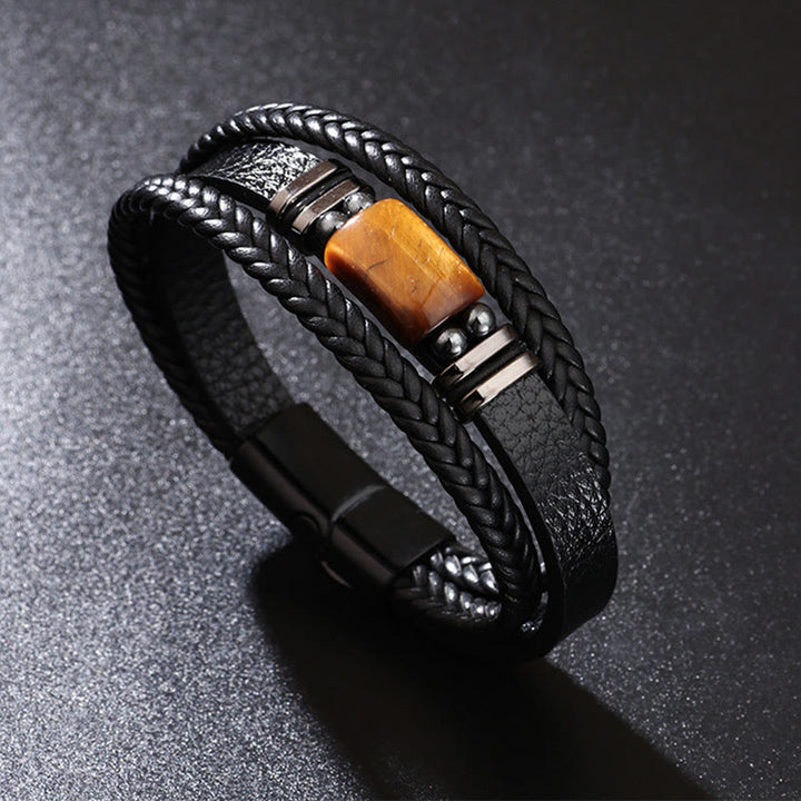 Bracelet en cuir multicouche avec boucle magnétique et Buddha Stones œil de tigre