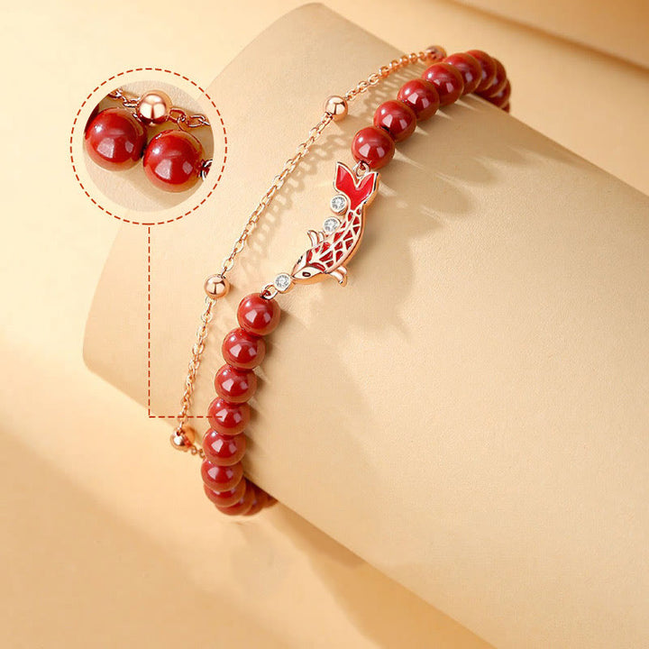 Bracelet à chaîne double couche en argent sterling 925 Buddha Stones et poisson Koi porte-bonheur en cinabre et zircon - image 2