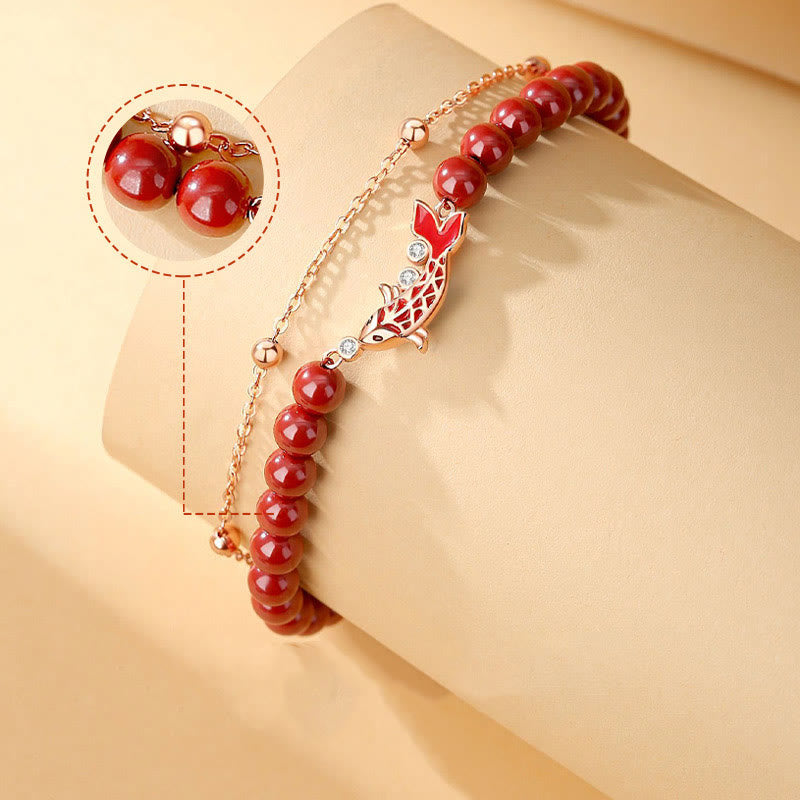 Bracelet à chaîne double couche en argent sterling 925 Buddha Stones et poisson Koi porte-bonheur en cinabre et zircon - image 2