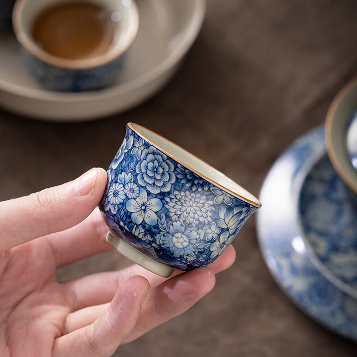 Buddha Stones Vintage Lotus Pivoine Fleur de Prunier Chrysanthème Tasse à Thé en Céramique Tasses à Thé