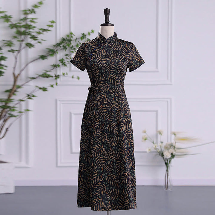 Robe Qipao pour femme avec imprimé feuilles et nuages ​​de bon augure vintage et Buddha Stones - Feuille noire - US16，UK/AU20，EU48 (5XL) - image 14
