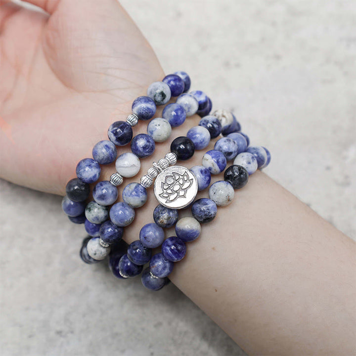 Collier et bracelet en aventurine bleue naturelle Buddha Stones et lotus de la paix