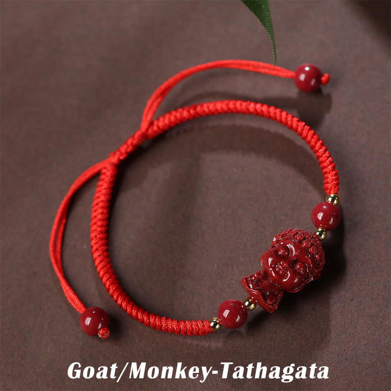 Bracelet en cordon avec amulette de bénédiction en cinabre et Buddha Stones du zodiaque chinois