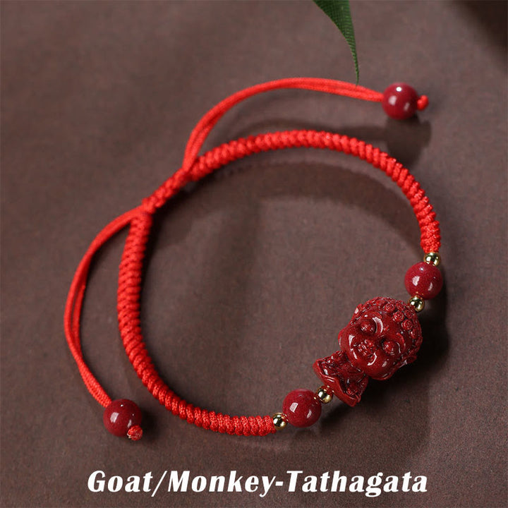 Bracelet en cordon avec amulette de bénédiction en cinabre et Buddha Stones du zodiaque chinois