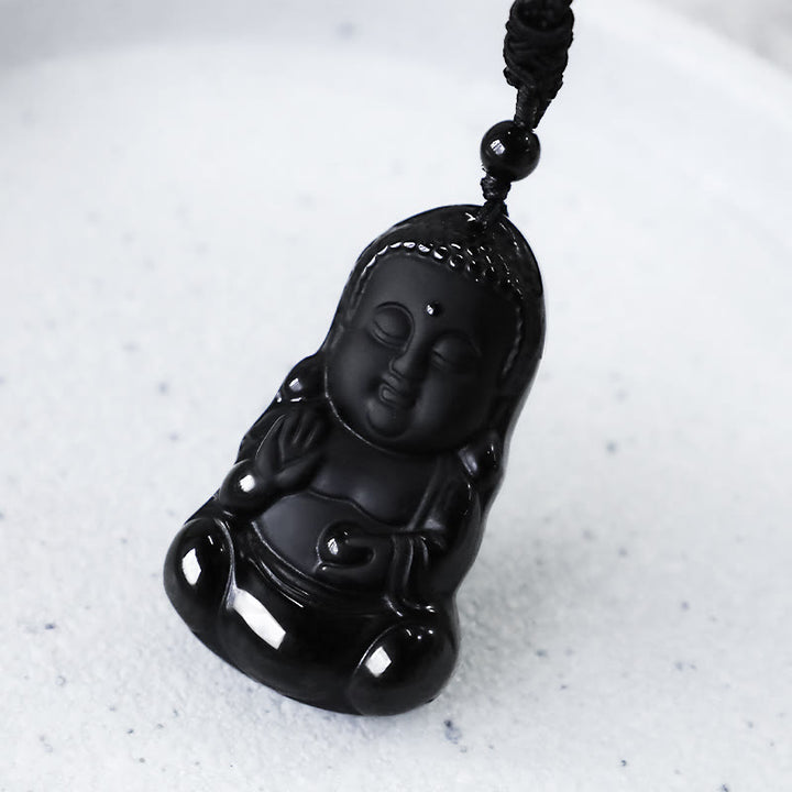 Collier pendentif porte-bonheur en Buddha Stones en cristal d'obsidienne noire naturelle, protection de la force du Bouddha, amulette - image 7