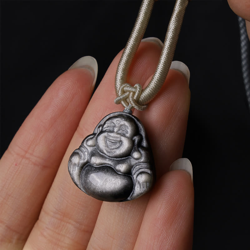 Collier pendentif de protection Buddha Stones rieur en obsidienne argentée naturelle - image 2