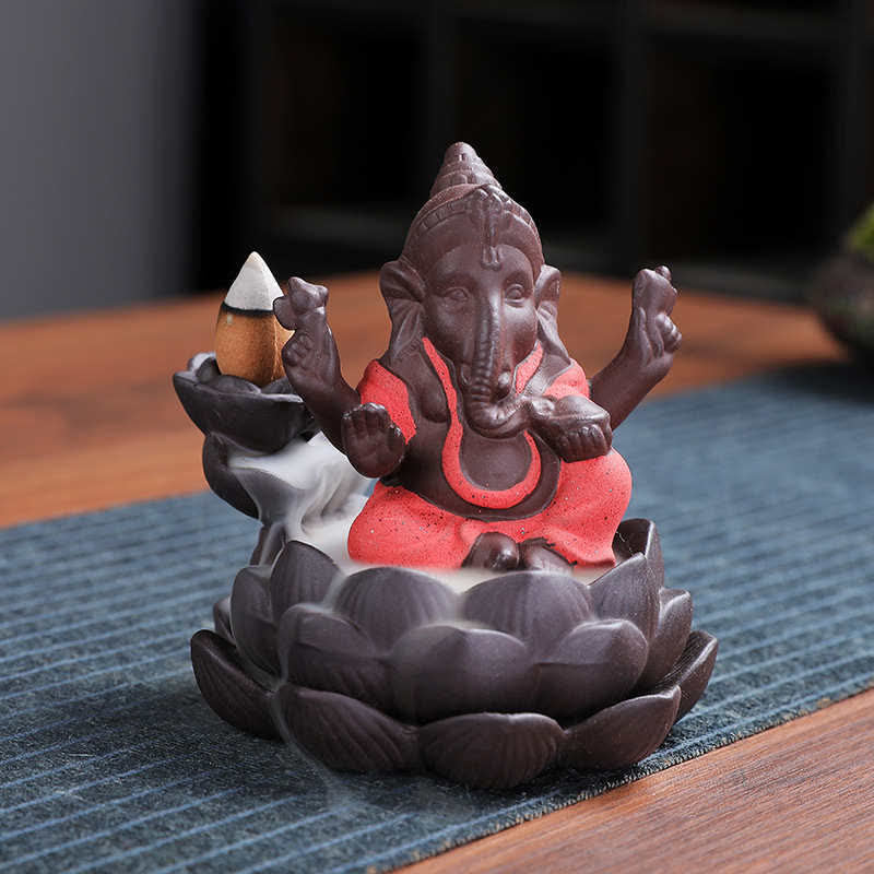 Brûleur d'encens à reflux en argile violette avec protection contre la fumée de l'éléphant Ganesh