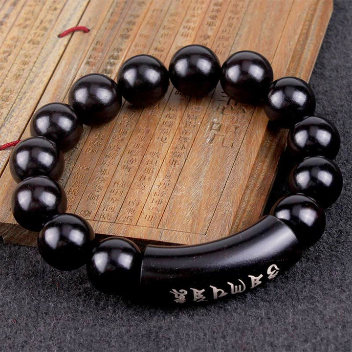 Bracelet d'équilibre incrusté de Buddha Stones en argent sterling 999 et bois d'ébène Om Mani Padme Hum