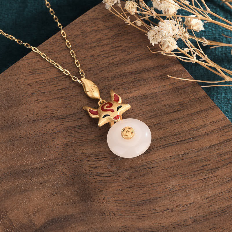 Collier pendentif en cuivre avec Buddha Stones et renard en jade blanc