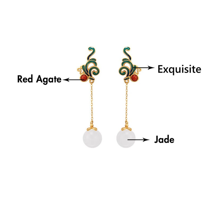 Boucles d'oreilles pendantes en jade blanc et agate rouge vintage Buddha Stones