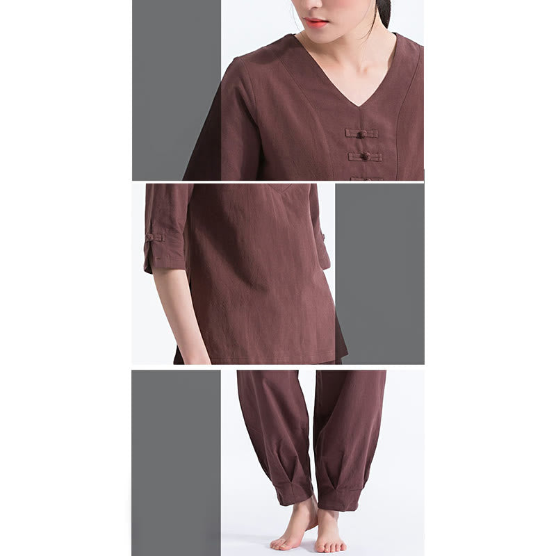 Ensemble de vêtements en coton et lin Buddha Stones , yoga, méditation, prière, col en V, pratique zen, pour femmes