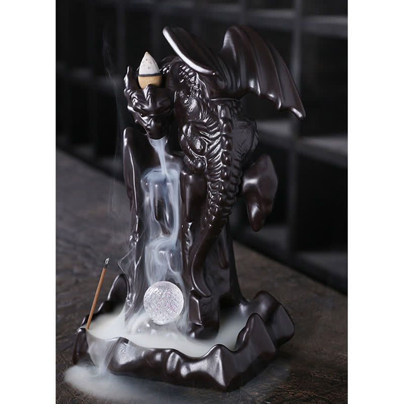 Fontaine à fumée à refoulement en céramique avec dragon nordique, brûleur d'encens de guérison et de méditation, décoration à boule LED