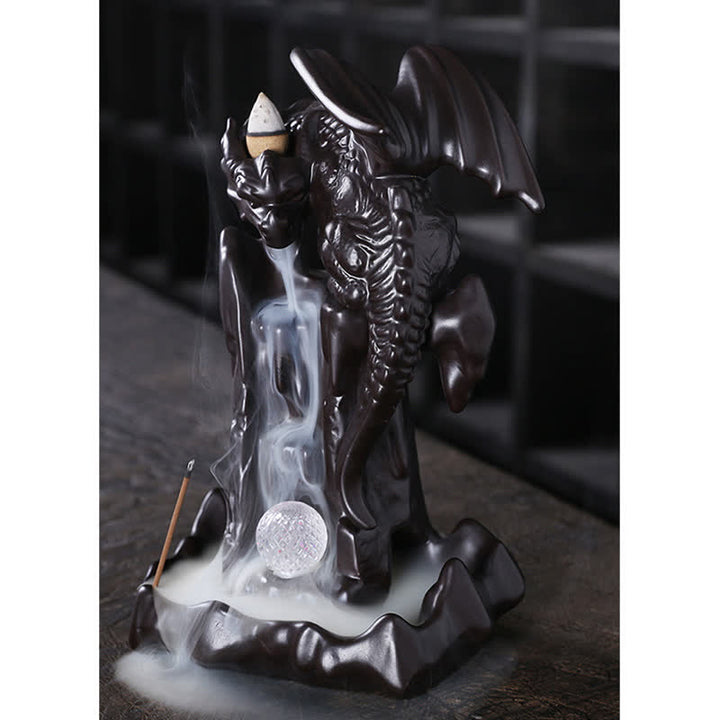 Fontaine à fumée à refoulement en céramique avec dragon nordique, brûleur d'encens de guérison et de méditation, décoration à boule LED