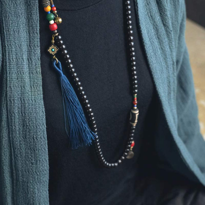 Buddha Stones Mala 108 perles en bois d'ébène et perles Dzi en cuivre avec pampilles et équilibre