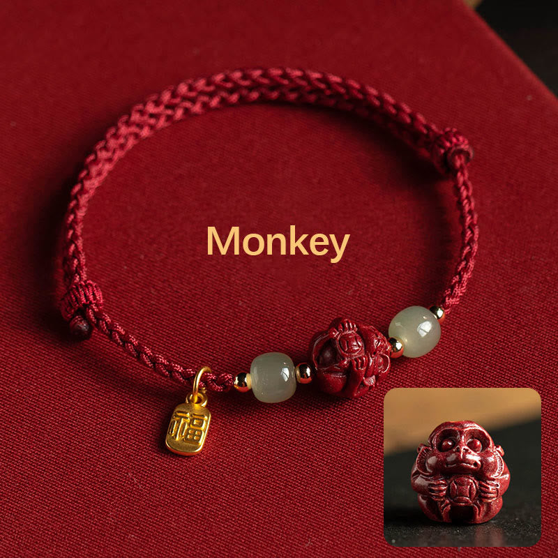 Bracelet en corde porte-bonheur en jade Hetian Buddha Stones et cinabre naturel, signe du zodiaque chinois