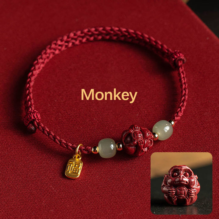 Bracelet en corde porte-bonheur en jade Hetian Buddha Stones et cinabre naturel, signe du zodiaque chinois
