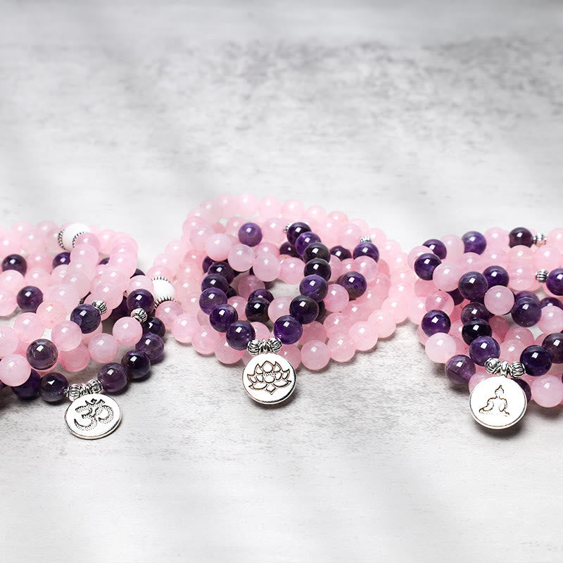 Bracelet Mala en perles de quartz rose et améthyste naturelles avec pendentif lotus Buddha Stones