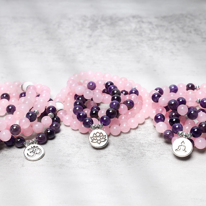 Bracelet Mala en perles de quartz rose et améthyste naturelles avec pendentif lotus Buddha Stones