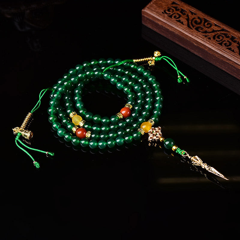 Bracelet Mala de réussite en agate verte naturelle avec 108 perles de Buddha Stones