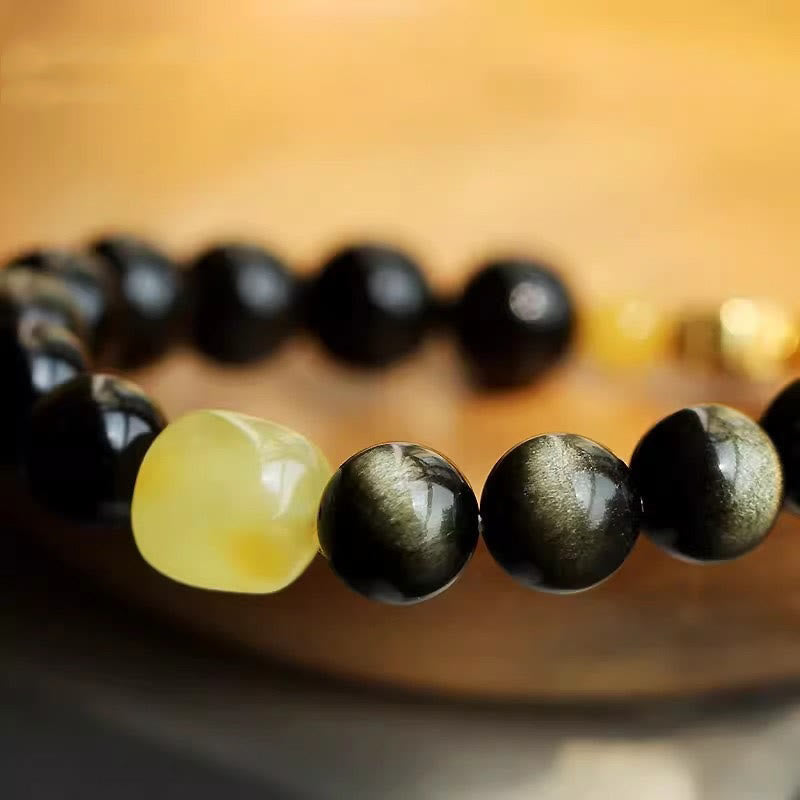 Bracelet de protection de richesse en obsidienne et ambre en argent sterling 925 avec Buddha Stones et zodiaque chinois