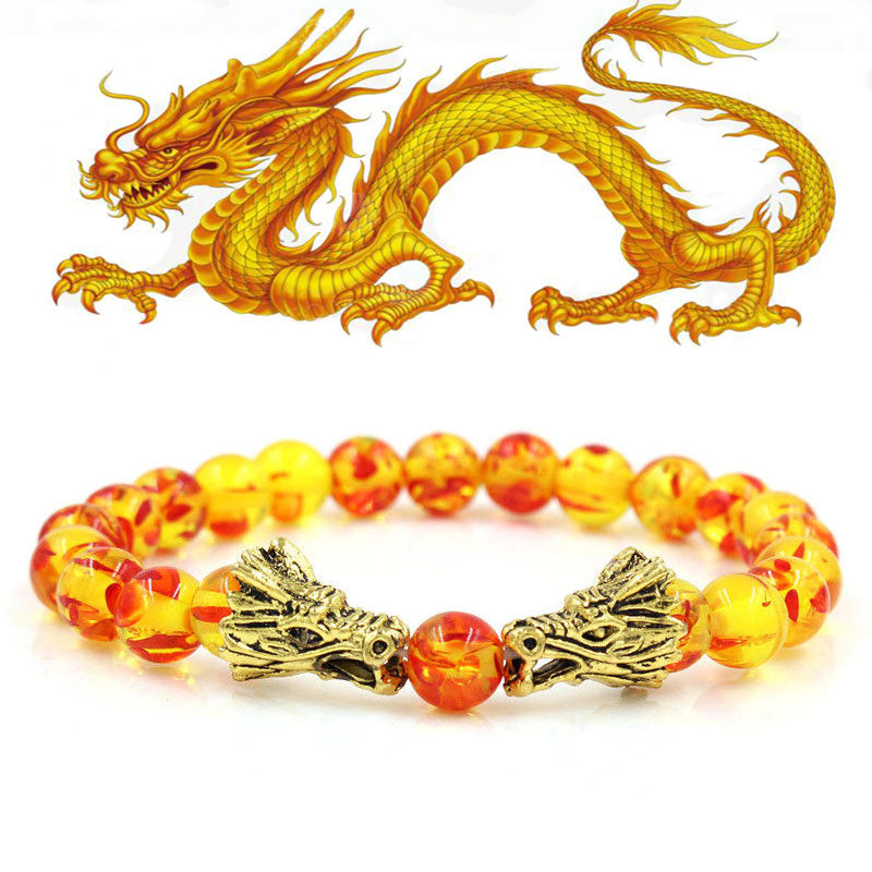 Bracelet de perles de bénédiction du dragon en pierre de lave turquoise blanche et Buddha Stones - Ambre - image 23