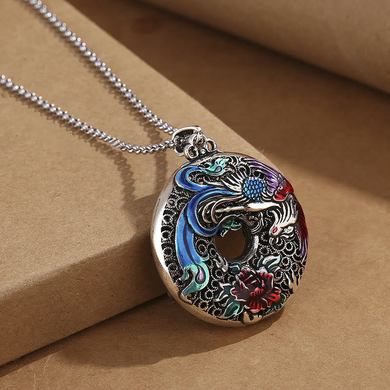 Collier avec pendentif en Buddha Stones, phénix, pivoine, protection de la chance