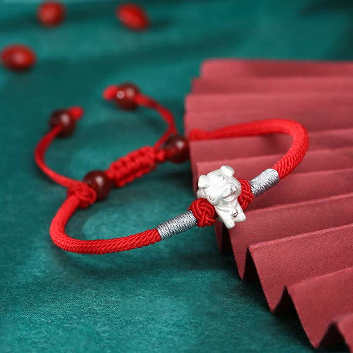 Bracelet en argent sterling 999 avec Buddha Stones et signe du zodiaque chinois, cordon rouge, force et chance