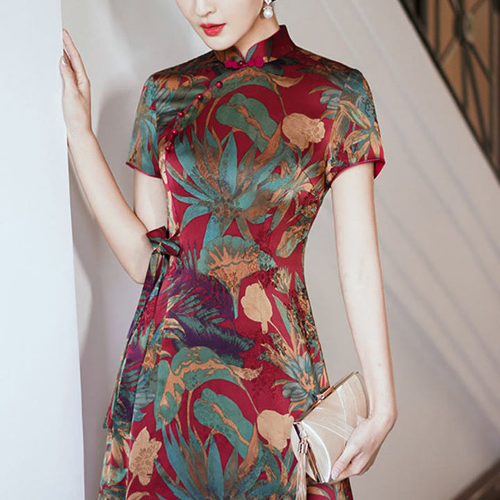 Robe Qipao en soie avec Buddha Stones, motif rétro de feuilles de fleurs, robe cheongsam pour femme