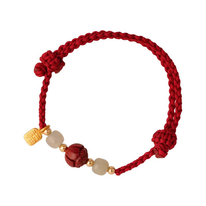 Bracelet tissé en fil rouge calme avec Buddha Stones, jade cinabre et lotus