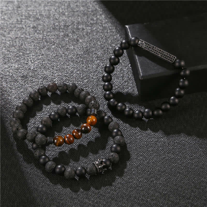 Bracelet d'activation en pierre de lave givrée avec œil de tigre, 3 pièces, Buddha Stones