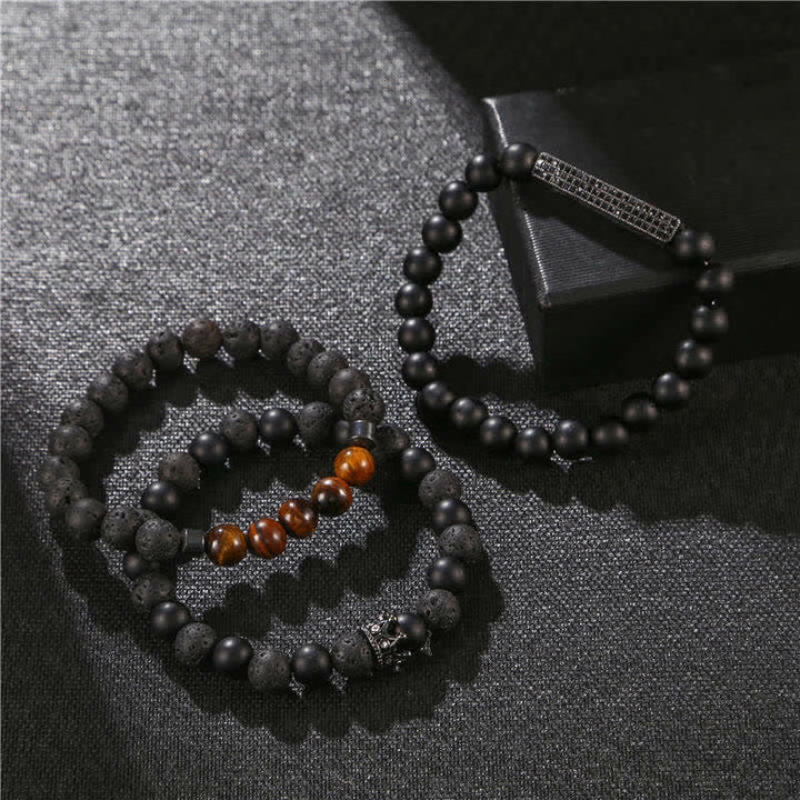 Bracelet d'activation en pierre de lave givrée avec œil de tigre, 3 pièces, Buddha Stones