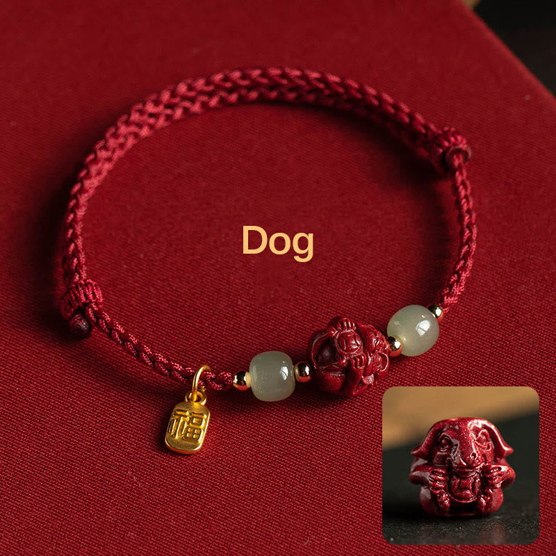 Bracelet en corde porte-bonheur en jade Hetian Buddha Stones et cinabre naturel, signe du zodiaque chinois - Chien (Tour de poignet 14-18 cm) - image 18