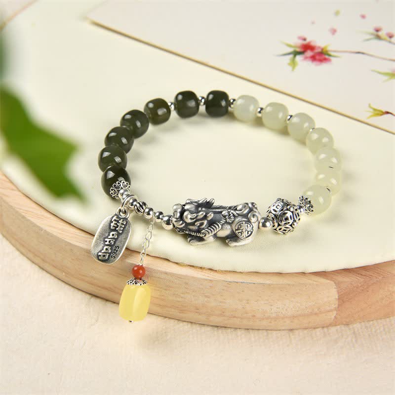 Bracelet porte-bonheur PiXiu en argent sterling 925 et jade Hetian naturel avec Buddha Stones