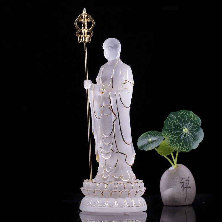 Buddha Stones faites à la main Ksitigarbha Bodhisattva Figurine Liuli Cristal Pièce d'art Statue de sérénité Décoration de la maison - Blanc et or 7,8 x 7,8 x 20 cm - image 13