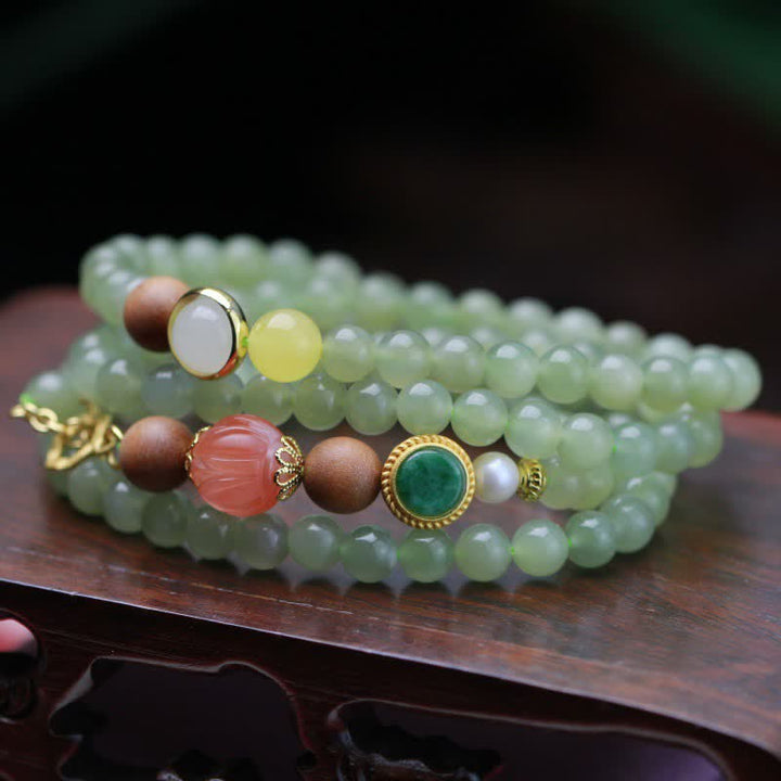 Bracelet d'abondance porte-bonheur en jade Hetian naturel, ambre, lotus, agate rouge