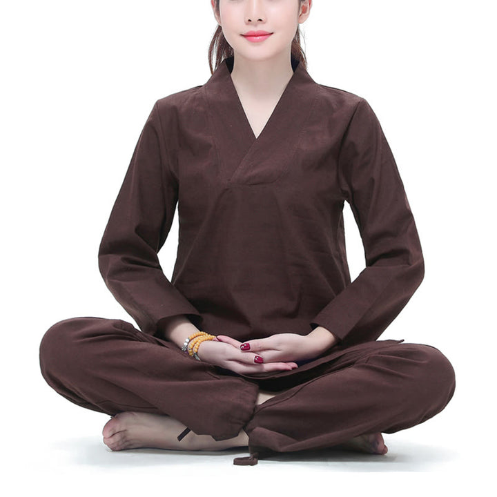 Ensemble de vêtements pour femmes en coton et lin avec Buddha Stones, pratique zen, yoga, méditation, prière, col en V