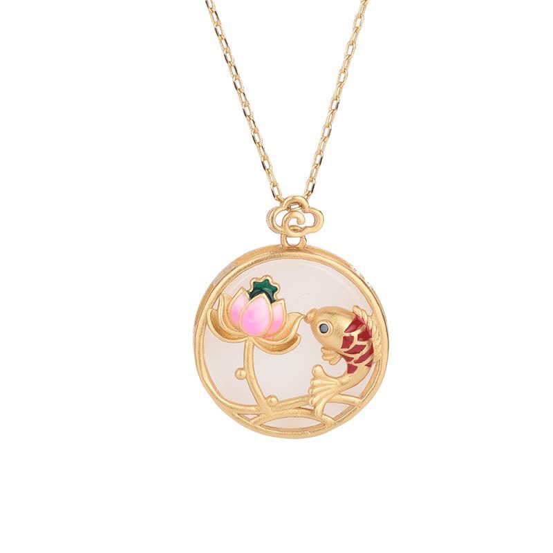 Collier pendentif en jade blanc avec poisson koï et lotus béni - image 5