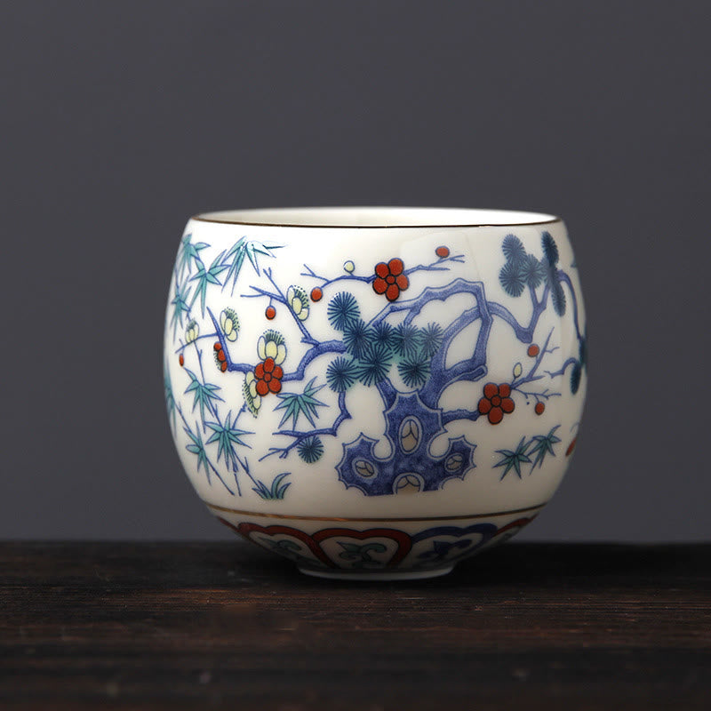 Buddha Stones Vintage Fleur de Prunier Pin Bambou Phénix Kirin Lion Dansant Tasse à Thé en Céramique Tasses à Thé
