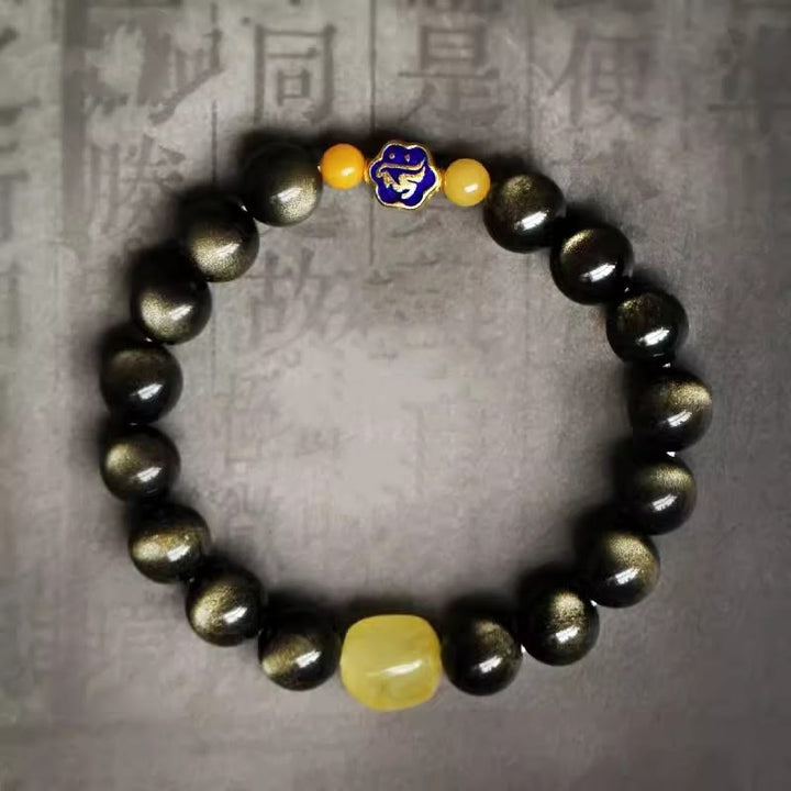 Bracelet de protection de richesse en obsidienne et ambre en argent sterling 925 avec Buddha Stones et zodiaque chinois