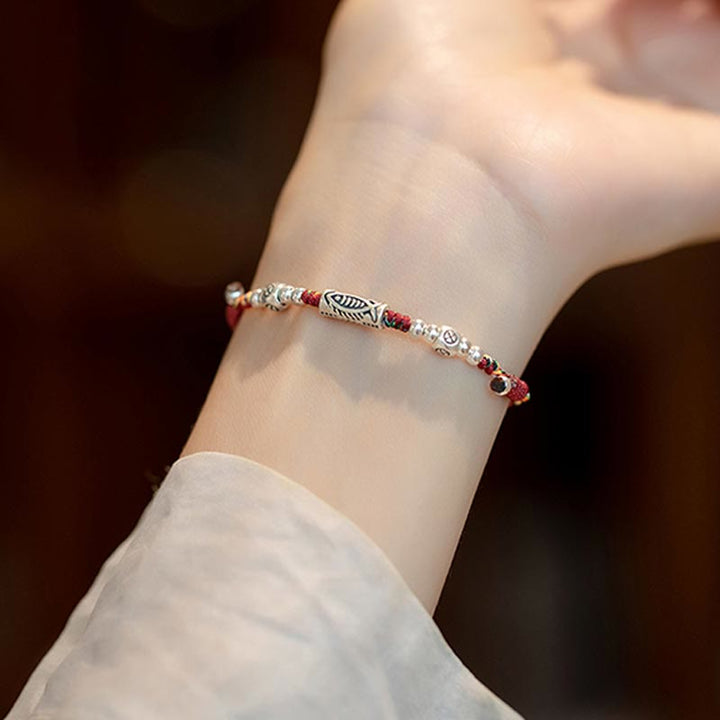 Bracelet de cheville tressé en argent sterling 925 avec poisson Koi et pierres de Buddha Stones