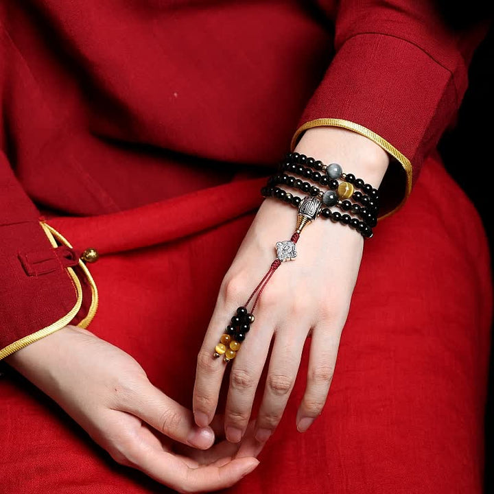 Bracelet de richesse en pierre d'oeil de tigre et d'aigle avec 108 Buddha Stones de Mala en obsidienne dorée brillante