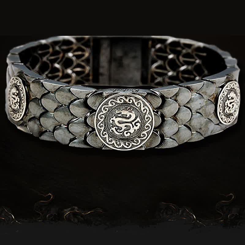 Bracelet jonc porte-bonheur en argent sterling 925 avec écailles de dragon et Buddha Stones