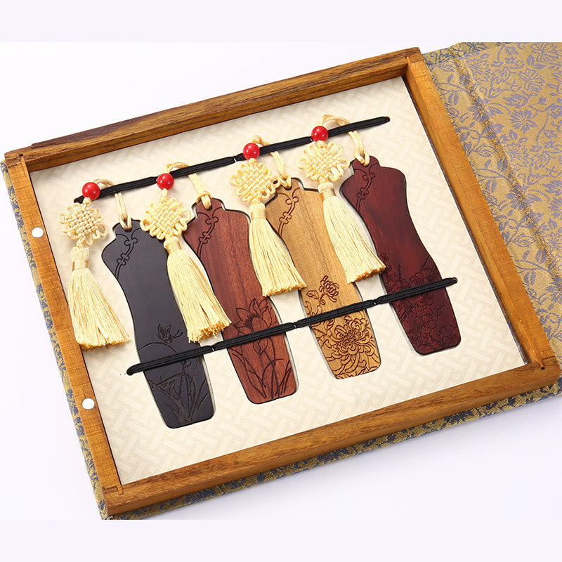 Lot de 4 marque-pages en bois avec Buddha Stones , orchidée, prunier, bambou, chrysanthème, masque d'opéra de Pékin, avec boîte cadeau