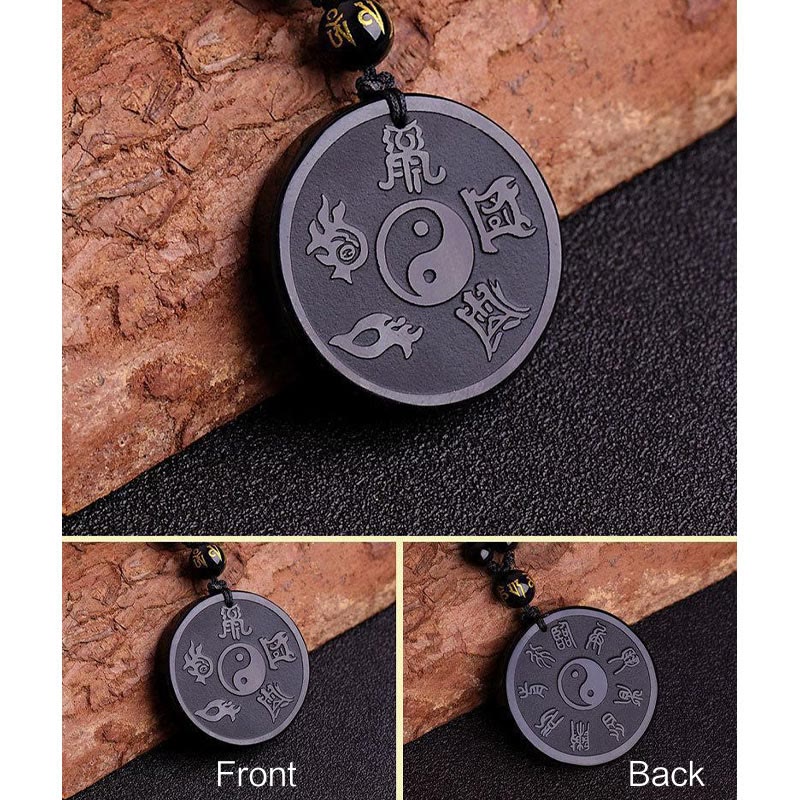 Buddha Stones Obsidienne Noire Naturelle Taoïsme Cinq Montagnes Sacrées Mantra à Neuf Caractères Sculpté Force Yin Yang Collier Pendentif Porte-clés - image 7